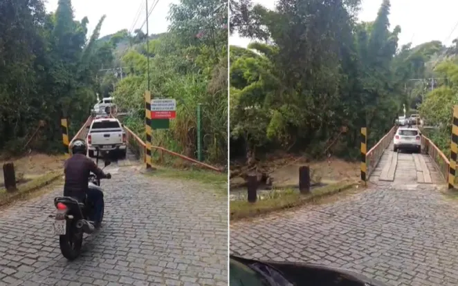 Interdição da Ponte do Arranha-Céu provoca aumento no trânsito em ponte de madeira em Itaipava