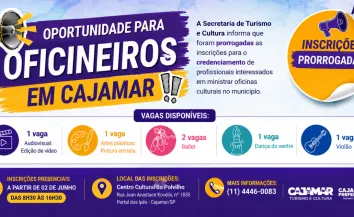 Oportunidade para oficineiros: Cajamar prorroga inscrições para credenciamento em diversas modalidades